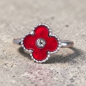 Elegant Red Stainless Steel Clover Ring - Size 9